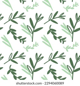 Seamless pattern with leaves on a white background. Plants with leaves, raspberry, olive, Spices. Simple green cartoon doodle.