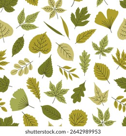 Seamless pattern with leaves on white background - spring or summer leaf of maple, linden, poplar, ginkgo, and others. Print for textile, package, wrapping paper. Green colors. Vector illustration