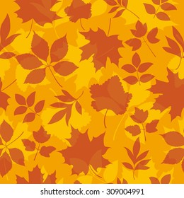A seamless pattern of leaves on yellow background