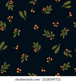 Seamless pattern with leaves and orange berries on dark background.