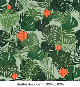 Seamless pattern with leaves and orange flowers