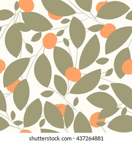 Seamless pattern with leaves and orange on light background