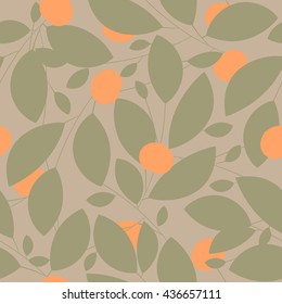 Seamless pattern with leaves and oranges on ivory background