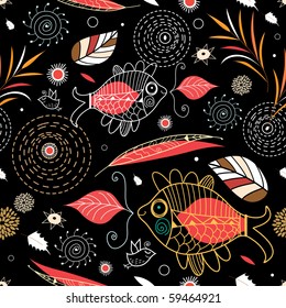 Seamless pattern of leaves and ornamental fish