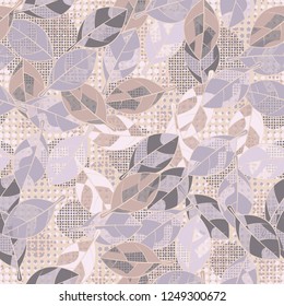 Seamless pattern. The leaves are painted in the colors of the spring landscape against the background of diverse abstraction.