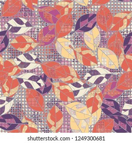 Seamless pattern. The leaves are painted in the colors of the spring landscape against the background of diverse abstraction.