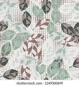 Seamless pattern. The leaves are painted in the colors of the spring landscape against the background of diverse abstraction.