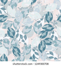 Seamless pattern. The leaves are painted in the colors of the spring landscape against the background of diverse abstraction.