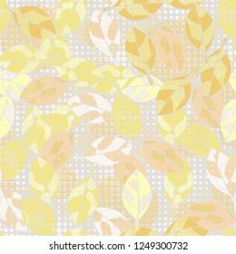 Seamless pattern. The leaves are painted in the colors of the spring landscape against the background of diverse abstraction.