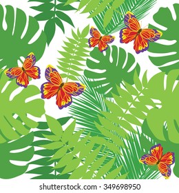 Seamless pattern leaves of palm tree and butterfly. Vector background.