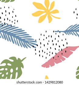 seamless pattern with leaves of palm trees, hand drawn tropical leaves bmulticolor on white, funny sketch style with black details. for t-shirts, prints, postcards, design.