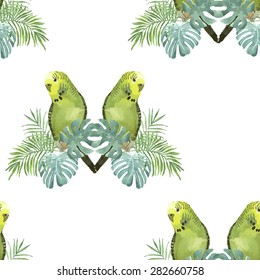 Seamless pattern with leaves of palm trees and exotic parrots. Watercolor illustration, vector.