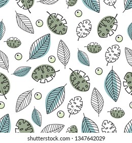 seamless pattern with leaves in pastel blue green colors - vector illustration, eps
