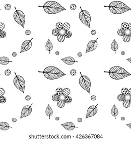 seamless pattern leaves, peas and flowers hand drawn black on white background
