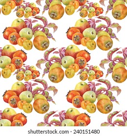 Seamless pattern with leaves and persimmon with apples on white background vector illustration