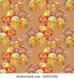 Seamless pattern with leaves and persimmon with apples on orange background vector illustration