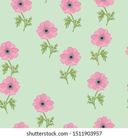 Seamless pattern with leaves and pink anemone flowers on a light green background.