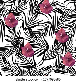 Seamless pattern with leaves  and pink flowers