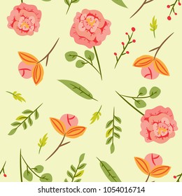 Seamless pattern with leaves and pink roses. Botanical floral backdrop. Flat vector illustration.