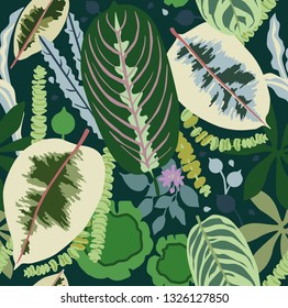 Seamless pattern with leaves of plants on a dark background
