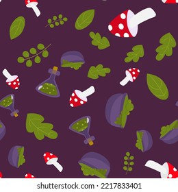 Seamless pattern leaves, poison bottle and fly agaric. Halloween pattern in cartoon style. Pattern for textiles, packaging, wallpapers.