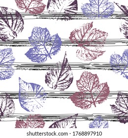 seamless pattern of leaves prints in color of autumn leaves on a white background crazy beautiful watercolor pattern of leaves. Fabric texture.