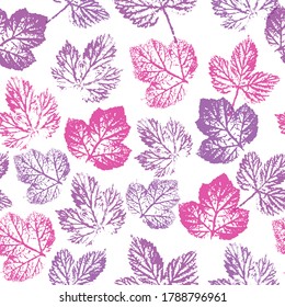 seamless pattern of leaves prints in color of autumn leaves on a white background crazy beautiful watercolor pattern of leaves. digital drawing and watercolor texture. Pink, Violet, purple.