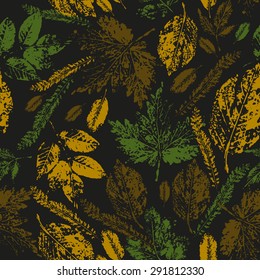 seamless pattern of leaves prints in color of autumn leaves on a black background