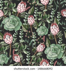 Seamless pattern with leaves, protea flowers, succulent and eucalyptus.