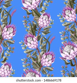 Seamless pattern with leaves, protea flowers and eucalyptus.