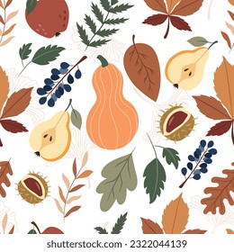 Seamless pattern with leaves, pumpkins, chestnuts on a white background. Vector illustration