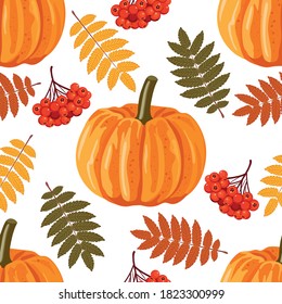 Seamless pattern with leaves, pumpkins and rowan berries. Vector autumn background.