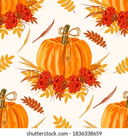 Seamless pattern with leaves, pumpkins and rowan berries. Vector autumn background