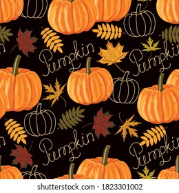 Seamless pattern with leaves and pumpkins. Vector autumn background.