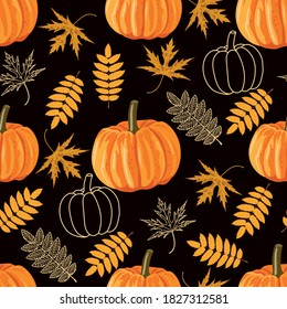 Seamless pattern with leaves and pumpkins. Vector autumn background.