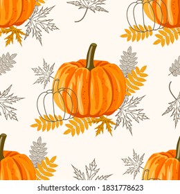 Seamless pattern with leaves and pumpkins. Vector autumn background