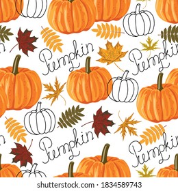 Seamless pattern with leaves and pumpkins. Vector autumn background.