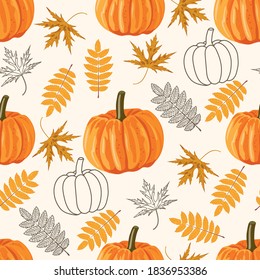 Seamless pattern with leaves and pumpkins. Vector autumn background