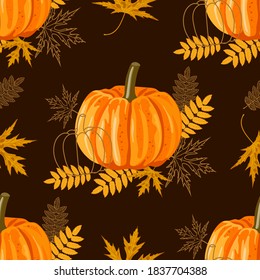 Seamless pattern with leaves and pumpkins. Vector autumn background