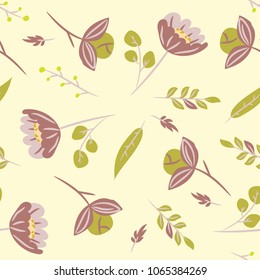 Seamless pattern with leaves and purple flowers. Botanical floral backdrop. Flat vector illustration.