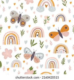 Seamless pattern with leaves and rainbow on a white background. Autumn pattern for fabric, wallpaper, gift paper. Pastel colors pattern. Orange and brown pattern.