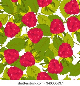 Seamless pattern with leaves and raspberry. Background for your design with bright, contrasting red berries and green leaves. Vector illustration.