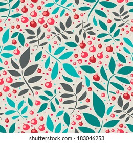 Seamless pattern with leaves and red berries