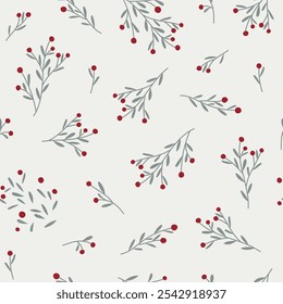 Seamless pattern of leaves and red berries. Design for Holidays decoration, wrapping paper, print, fabric or textile.