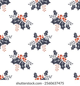 Seamless pattern with leaves and red holly berries. Christmas holiday background template. Illustration