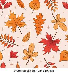 Seamless pattern with leaves in red, orange, yellow colors. Autumn collection. Hand drawn vector background. 