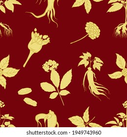 Seamless pattern with leaves and root of ginseng. Ginseng root and berry vector drawing. A sketch of a medicinal plant. Linear graphic design. 