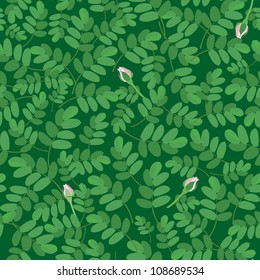seamless pattern with leaves of rose on green background