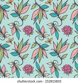 Seamless pattern with leaves and roses