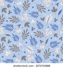 Seamless pattern from leaves of rowan and lingonberry berries. The foliage in blue, green and white. Calm autumn or winter background. Vector illustration. 